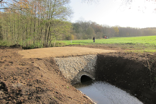 Wasserdurchlass am Waldrand mit Übergang zu einem Acker